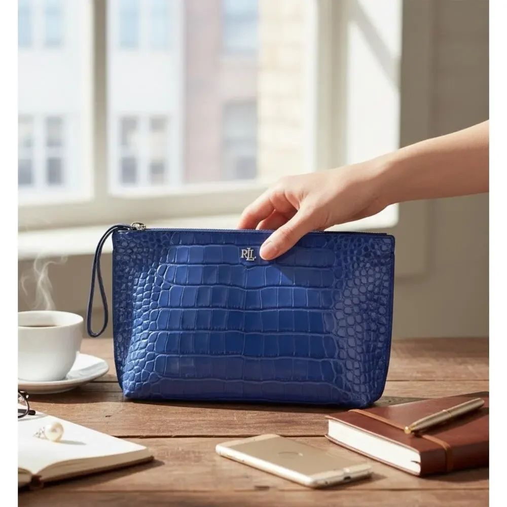 Ralph Lauren Large Blue Croc Embossed Leather Pouch RLL Zip Clutch NWT